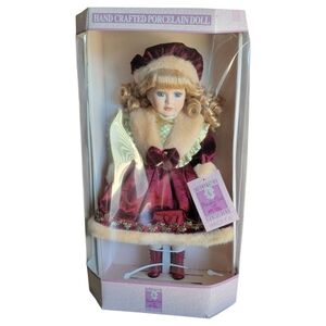 "Arleen" Handcrafted Porcelain Doll in Burgundy and Cream Outfit